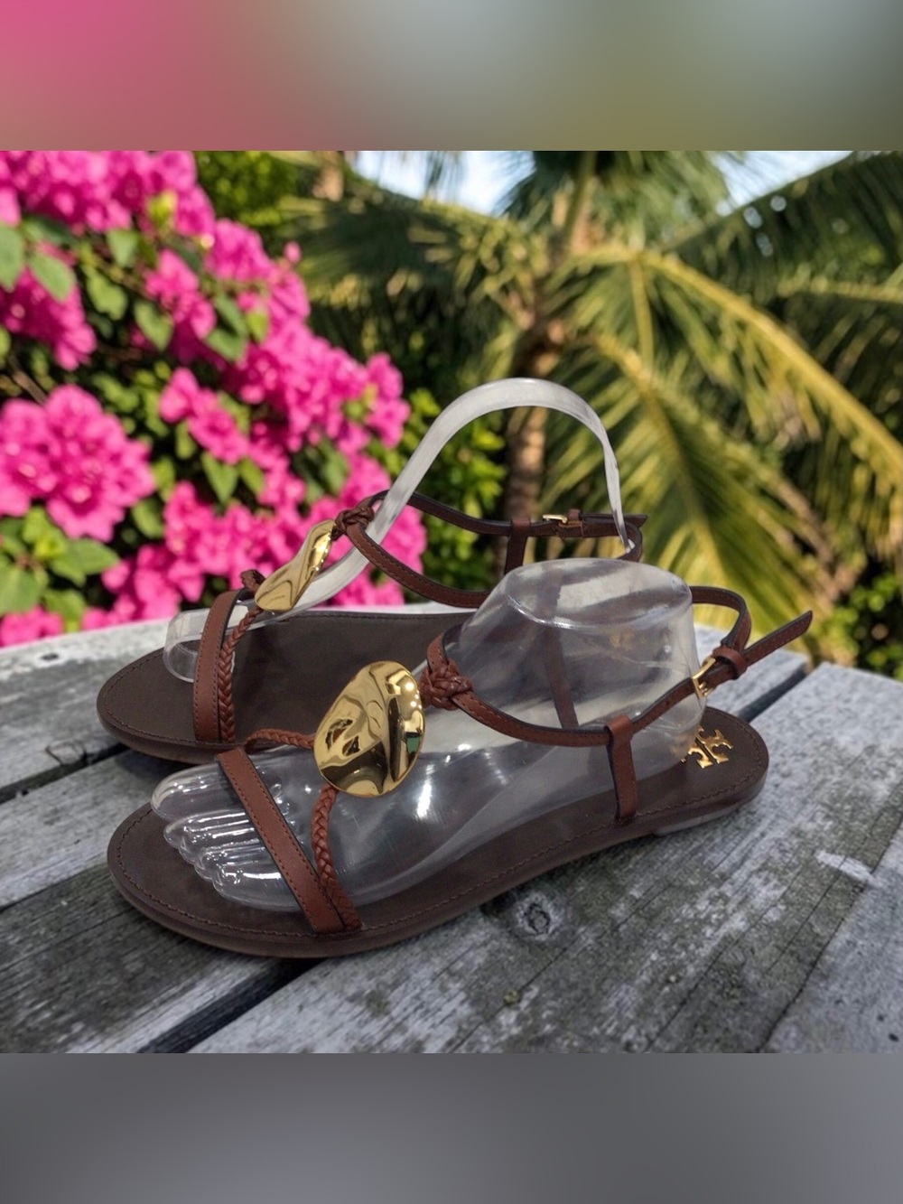 Tory Burch Patos Brown Gold Medallion Leather Flat Sandals Size 10M NIB 80287